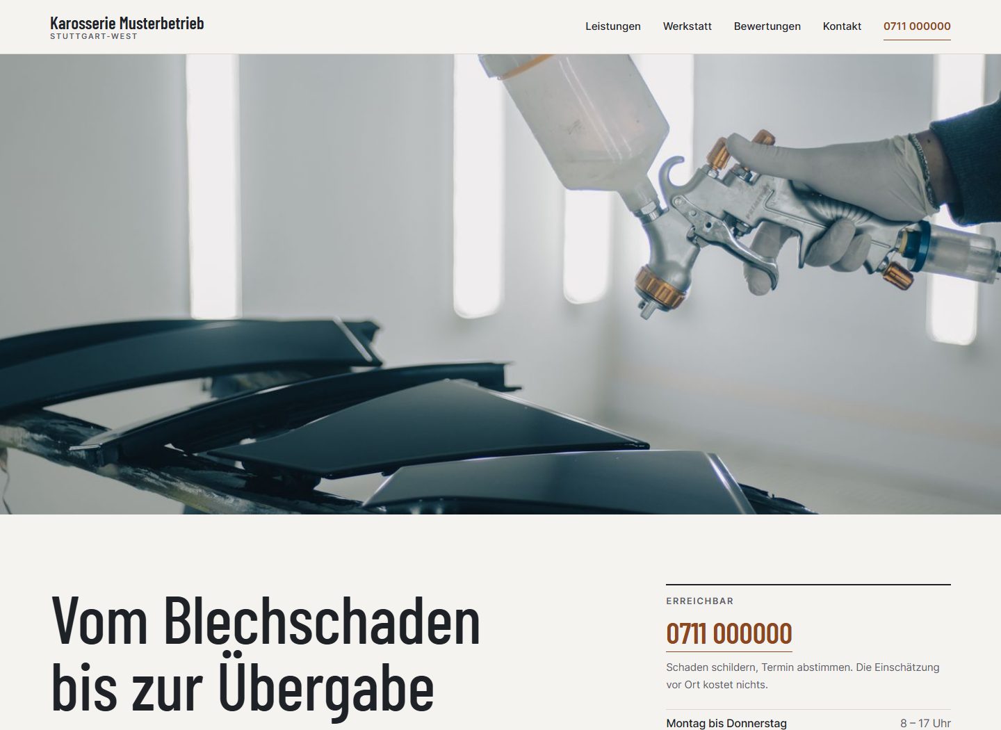 Derselbe Betrieb in einer heutigen Fassung: großes Titelbild, klare Überschrift, Telefonnummer und Leistungen im ersten Bildschirm.